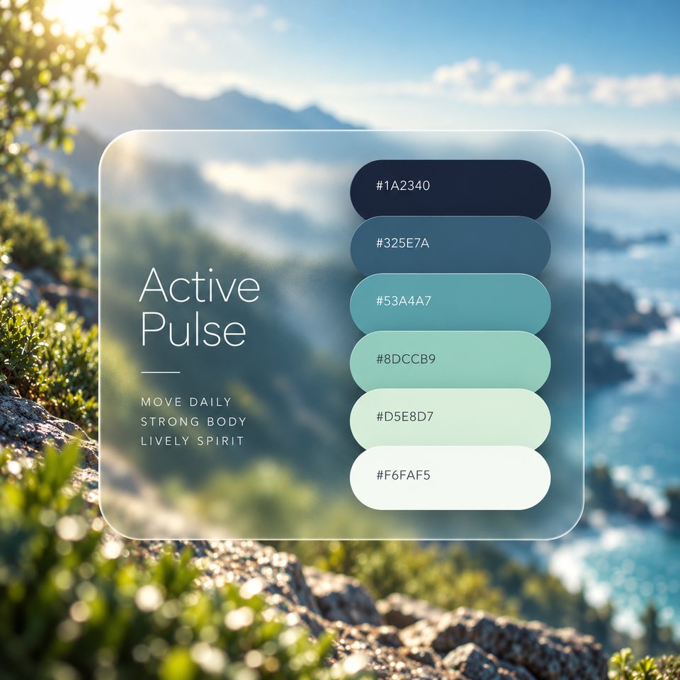 Active Pulse color palette: six colors (#1A2340, #325E7A, #53A4A7, #8DCCB9, #D5E8D7, #F6FAF5) shown over a photo of a rocky coastal path above the sea with mountains beyond.