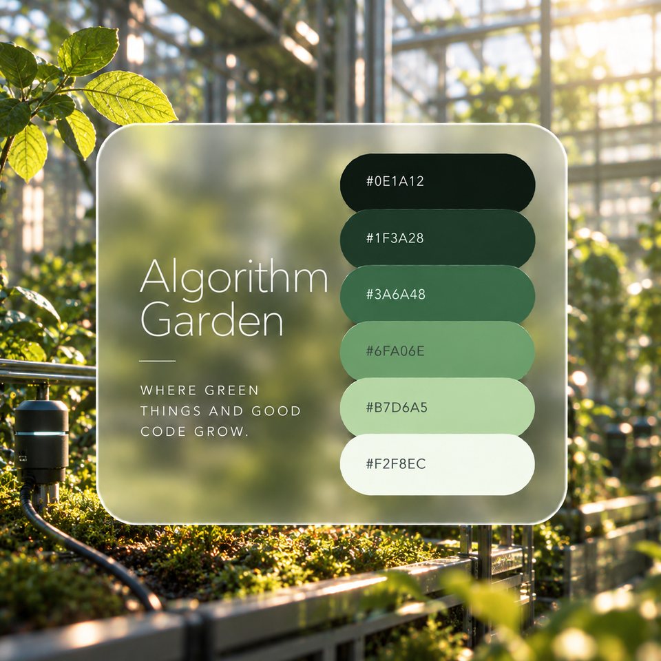 Algorithm Garden color palette: six colors (#0E1A12, #1F3A28, #3A6A48, #6FA06E, #B7D6A5, #F2F8EC) shown over a photo of a morning greenhouse with a sensor among the plants.