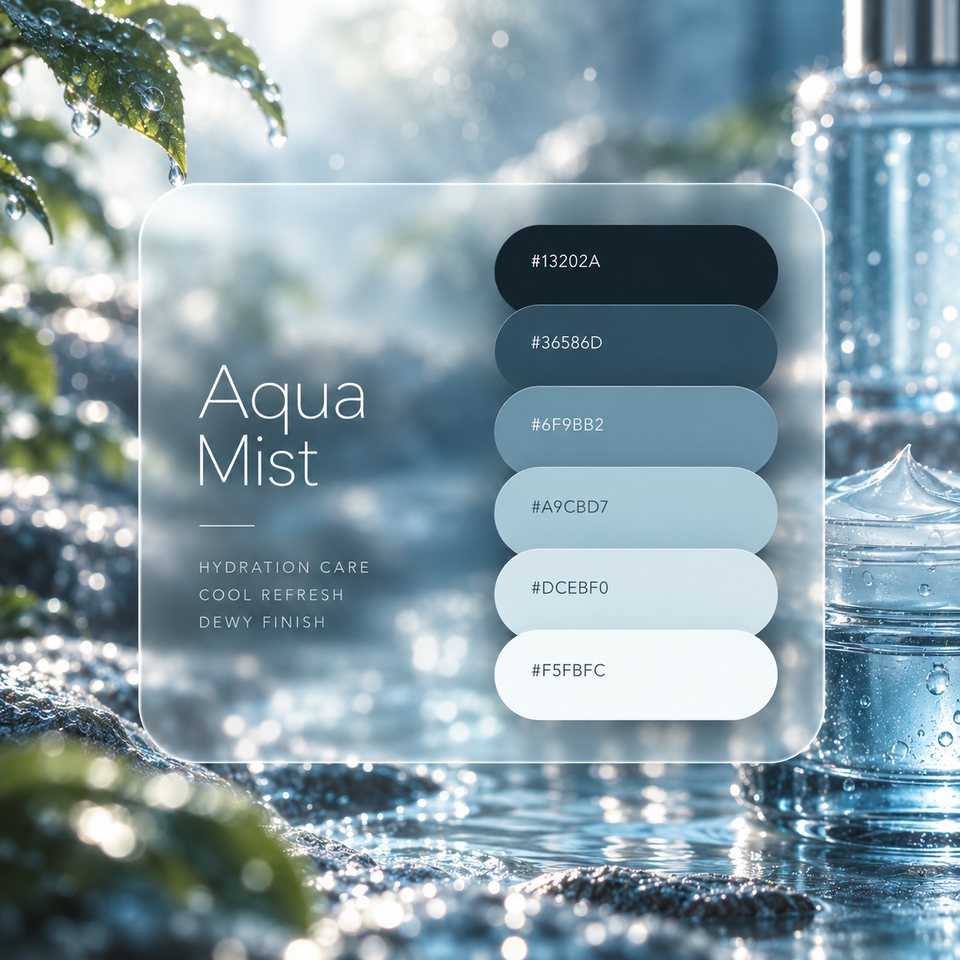 Aqua Mist color palette: six colors (#13202A, #36586D, #6F9BB2, #A9CBD7, #DCEBF0, #F5FBFC) shown over a photo of splashing water with green leaves and a clear bottle.