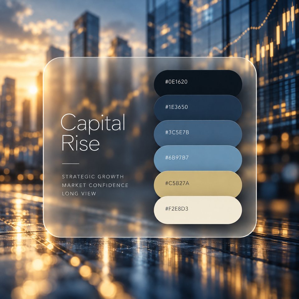Capital Rise color palette: six colors (#0E1620, #1E3650, #3C5E7B, #6B97B7, #C5B27A, #F2E8D3) shown over a photo of an evening skyline of high-rises with light reflected in glass.
