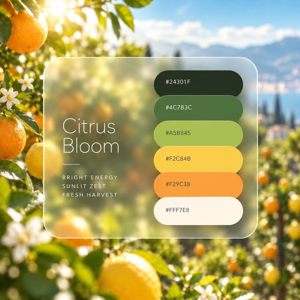 Citrus Bloom color palette: six colors (#24301F, #4C7B3C, #A5B845, #F29C38, #F2C84B, #FFF7E8) shown over a photo of a sunlit citrus tree with the sea and hills in the distance.