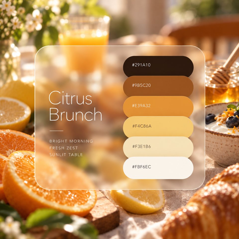 Citrus Brunch color palette: six colors (#291A10, #9B5C20, #E39A32, #F4C86A, #F3E1B6, #FBF6EC) shown over a photo of a breakfast table of citrus, honey and fresh croissants.