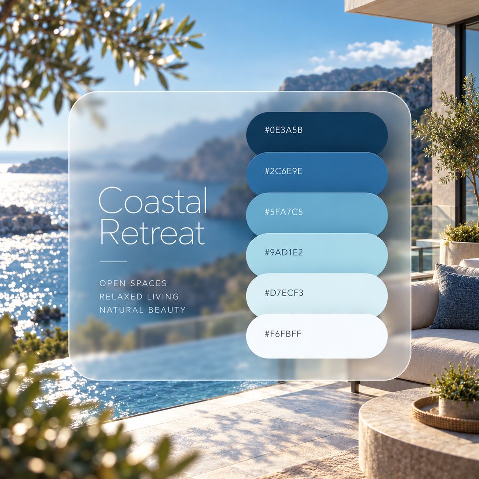 Coastal Retreat color palette: six colors (#0E3A5B, #2C6E9E, #5FA7C5, #9AD1E2, #D7ECF3, #F6FBFF) shown over a photo of a white terrace overlooking a clear blue cove.
