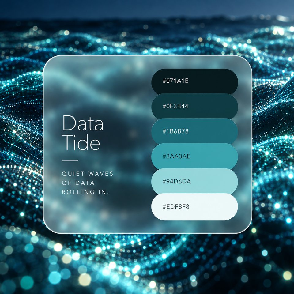 Data Tide color palette: six colors (#071A1E, #0F3B44, #1B6B78, #3AA3AE, #94D6DA, #EDF8F8) shown over a photo of waves of glowing teal particles.