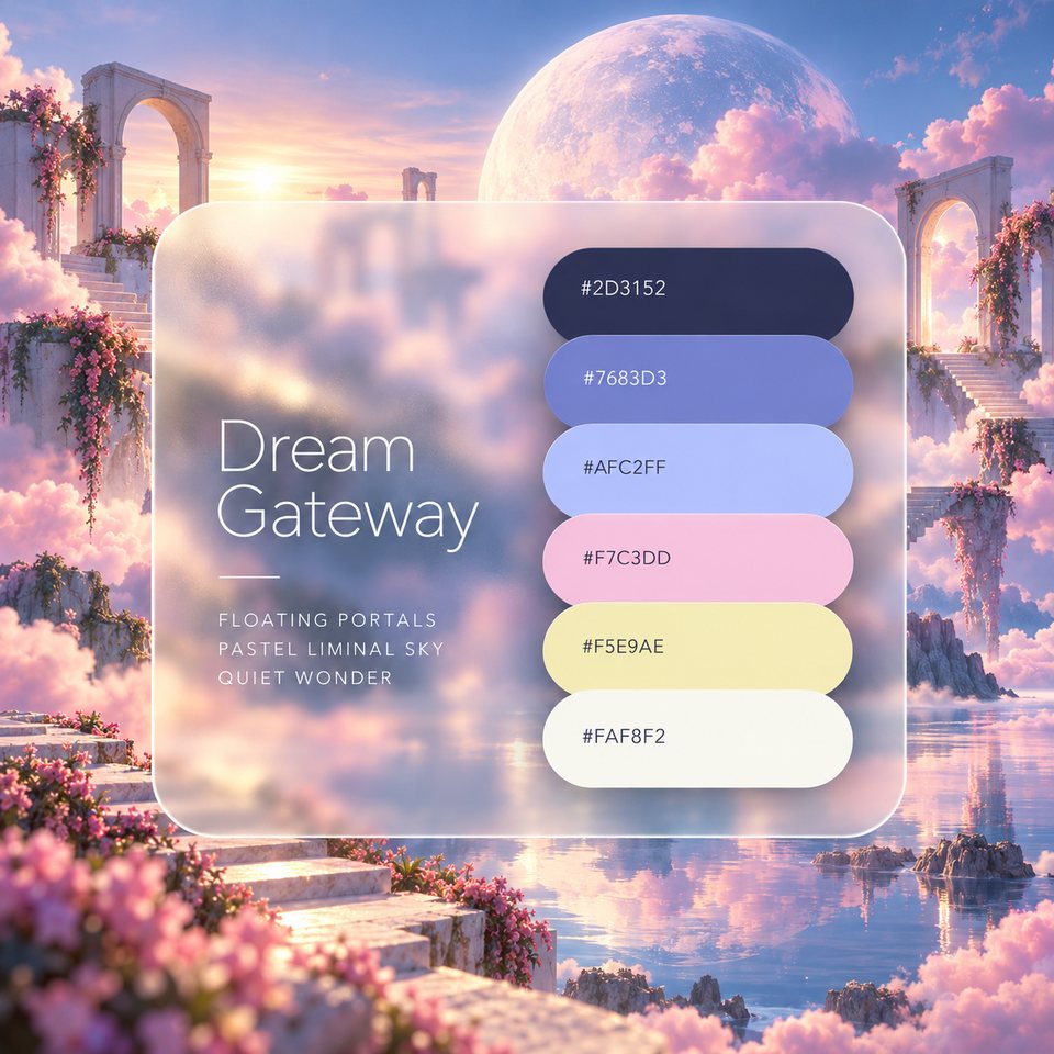 Dream Gateway color palette: six colors (#2D3152, #7683D3, #AFC2FF, #F7C3DD, #F5E9AE, #FAF8F2) shown over a photo of white arches and a large moon above pink clouds.