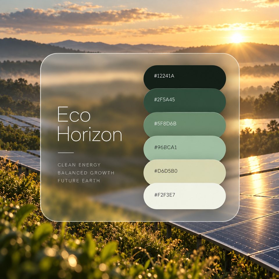 Eco Horizon color palette: six colors (#12241A, #2F5A45, #5F8D6B, #96BCA1, #D6D5B0, #F2F3E7) shown over a photo of solar panels on a sunlit hillside with misty mountains.