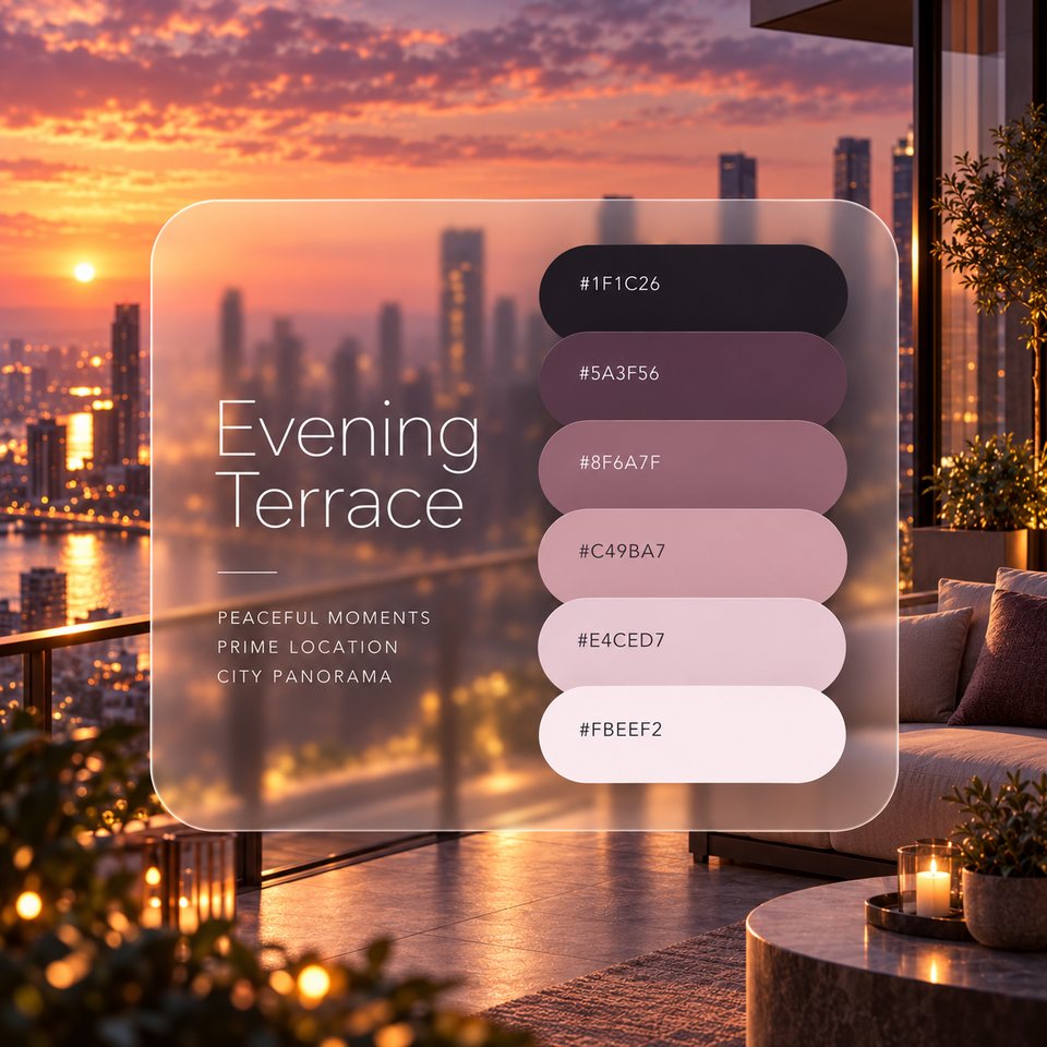Evening Terrace color palette: six colors (#1F1C26, #5A3F56, #8F6A7F, #C49BA7, #E4CED7, #FBEEF2) shown over a photo of a terrace overlooking the sunset city with candles being lit.