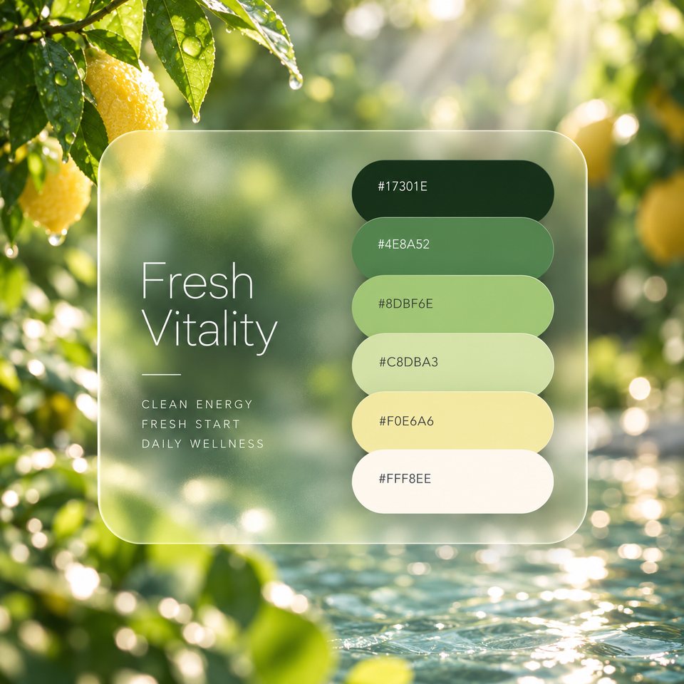 Fresh Vitality color palette: six colors (#17301E, #4E8A52, #8DBF6E, #C8DBA3, #F0E6A6, #FFF8EE) shown over a photo of a sunlit lemon tree above sparkling water.