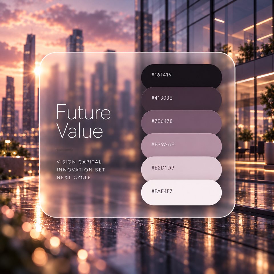 Future Value color palette: six colors (#161419, #41303E, #7E6478, #B79AAE, #E2D1D9, #FAF4F7) shown over a photo of city towers under an evening sky of pink and violet.
