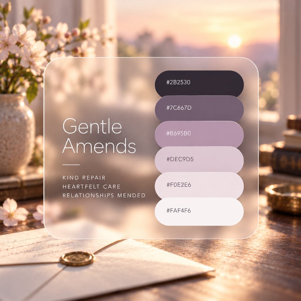 Gentle Amends color palette: six colors (#2B2530, #7C667D, #B695B0, #DEC9D5, #F0E2E6, #FAF4F6) shown over a photo of a desk by the window with cherry branches and a sealed letter.