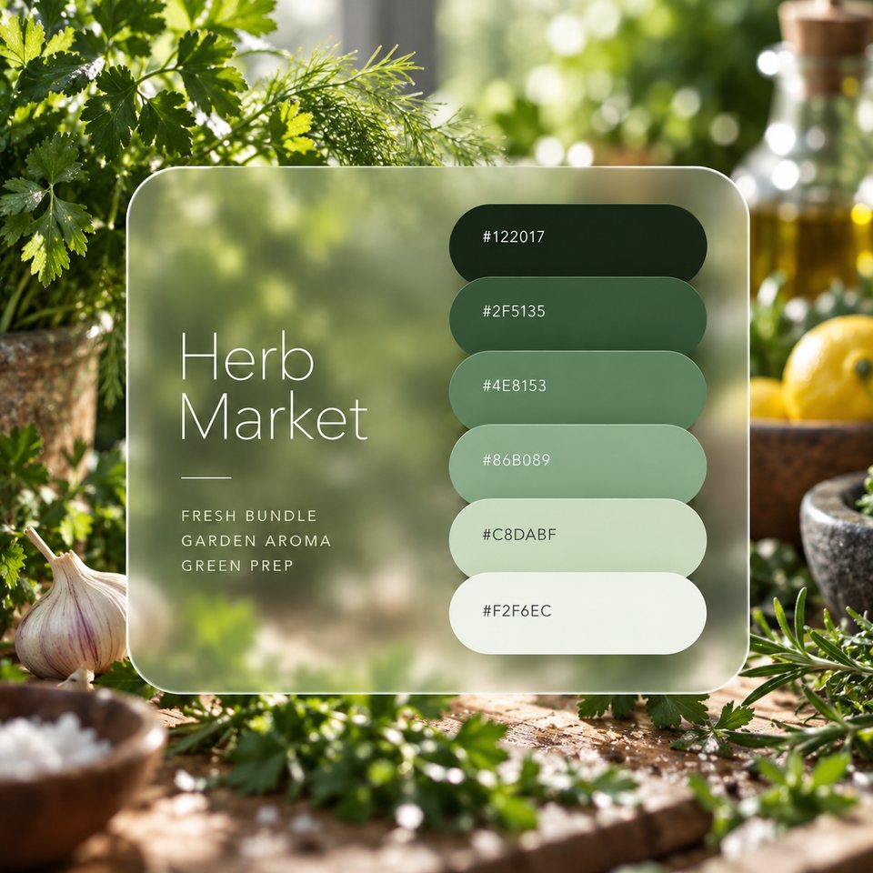 Herb Market color palette: six colors (#122017, #2F5135, #4E8153, #86B089, #C8DABF, #F2F6EC) shown over a photo of bunches of herbs with garlic, coarse salt and lemon on a wooden table.