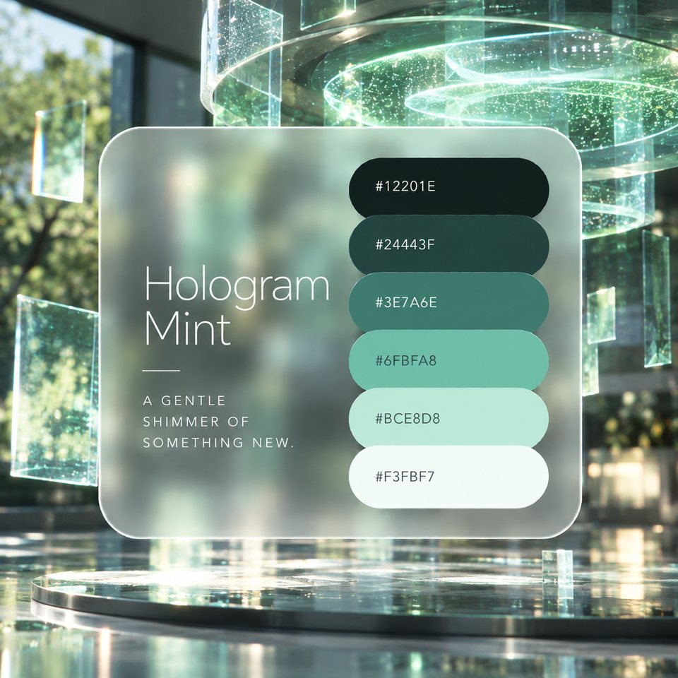 Hologram Mint color palette: six colors (#12201E, #24443F, #3E7A6E, #6FBFA8, #BCE8D8, #F3FBF7) shown over a photo of layers of mint light floating in the air.