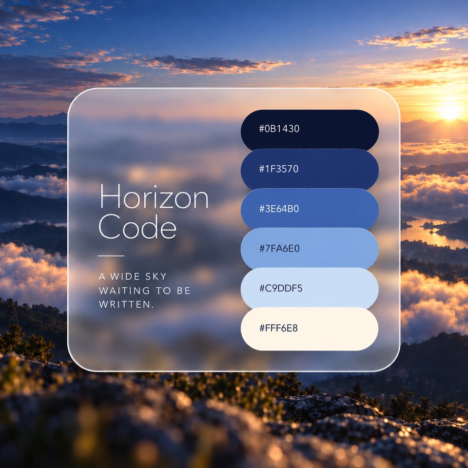 Horizon Code color palette: six colors (#0B1430, #1F3570, #3E64B0, #7FA6E0, #C9DDF5, #FFF6E8) shown over a photo of a sea of clouds and the horizon at dawn.