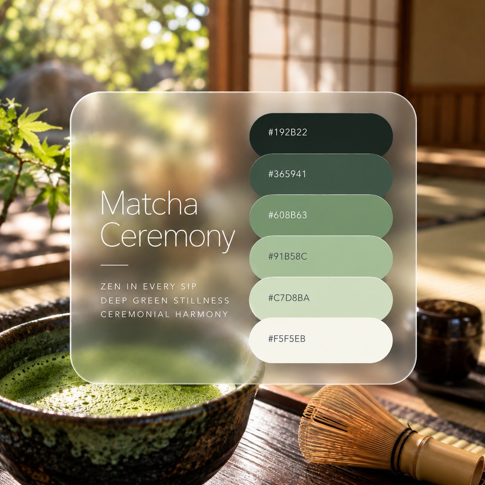 Matcha Ceremony color palette: six colors (#192B22, #365941, #608B63, #91B58C, #C7D8BA, #F5F5EB) shown over a photo of matcha and a bamboo whisk in a tea room with maple leaves outside.