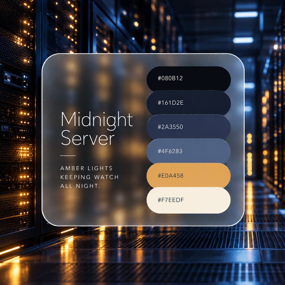 Midnight Server color palette: six colors (#080B12, #161D2E, #2A3550, #4F6283, #E0A458, #F7EEDF) shown over a photo of a server room at midnight with rows of amber lamps.