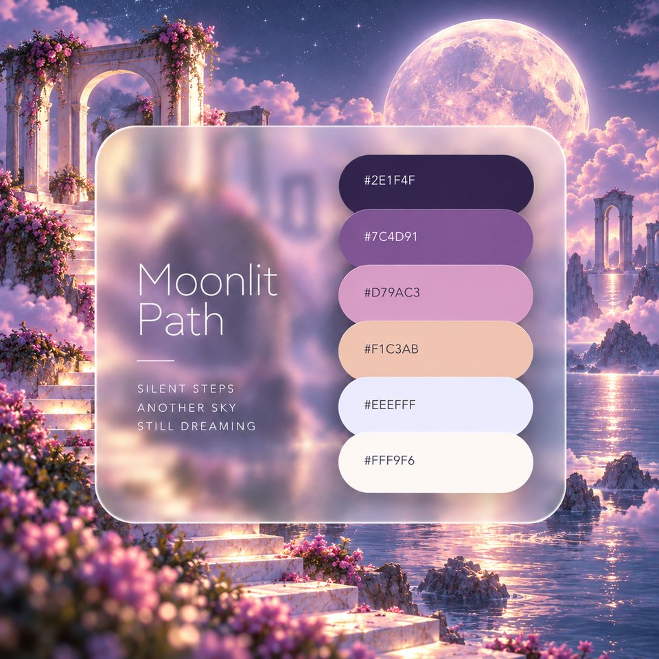 Moonlit Path color palette: six colors (#2E1F4F, #7C4D91, #D79AC3, #F1C3AB, #EEEFFF, #FFF9F6) shown over a photo of a large moon in the evening sky and white steps rising above the clouds.