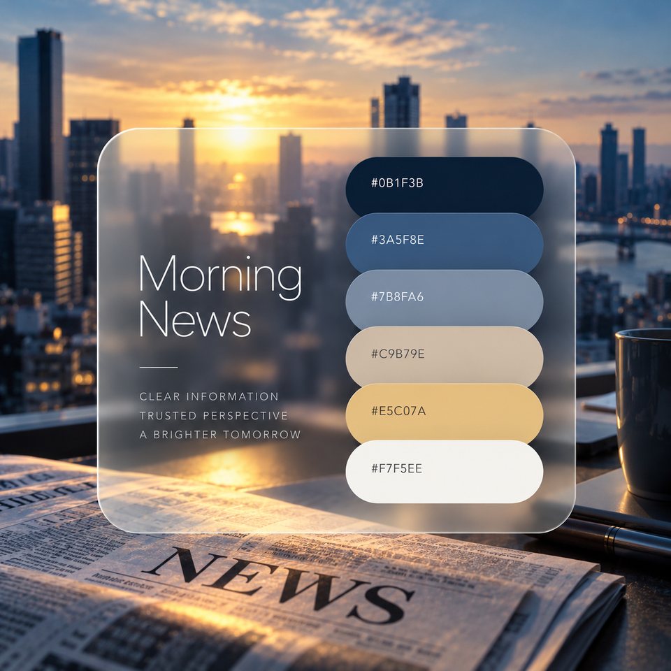 Morning News color palette: six colors (#0B1F3B, #3A5F8E, #7B8FA6, #C9B79E, #E5C07A, #F7F5EE) shown over a photo of a city skyline at sunrise and a newspaper on the desk.
