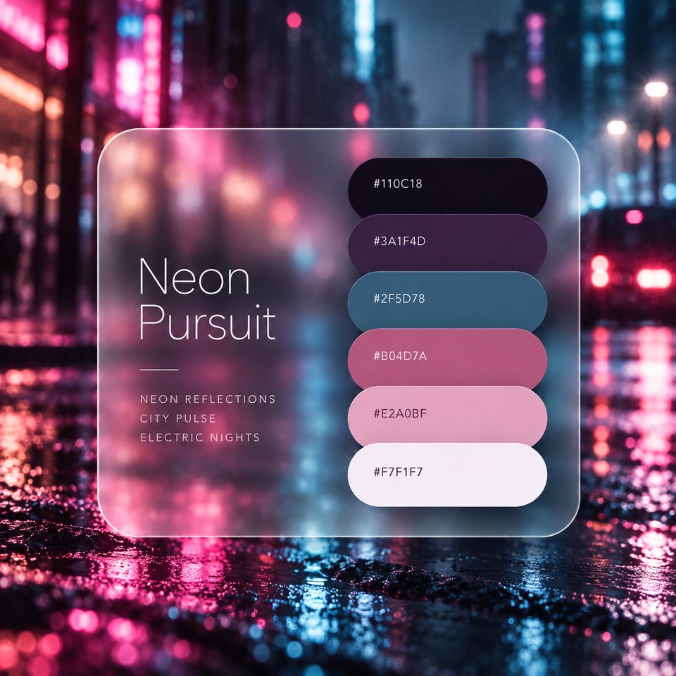 Neon Pursuit color palette: six colors (#110C18, #3A1F4D, #2F5D78, #B04D7A, #E2A0BF, #F7F1F7) shown over a photo of a rain-slick night street reflecting pink and blue neon.