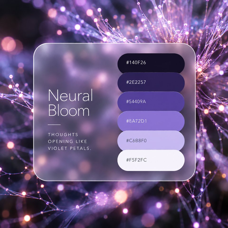 Neural Bloom color palette: six colors (#140F26, #2E2257, #54409A, #8A72D1, #C6B8F0, #F5F2FC) shown over a photo of a network of glowing violet threads.