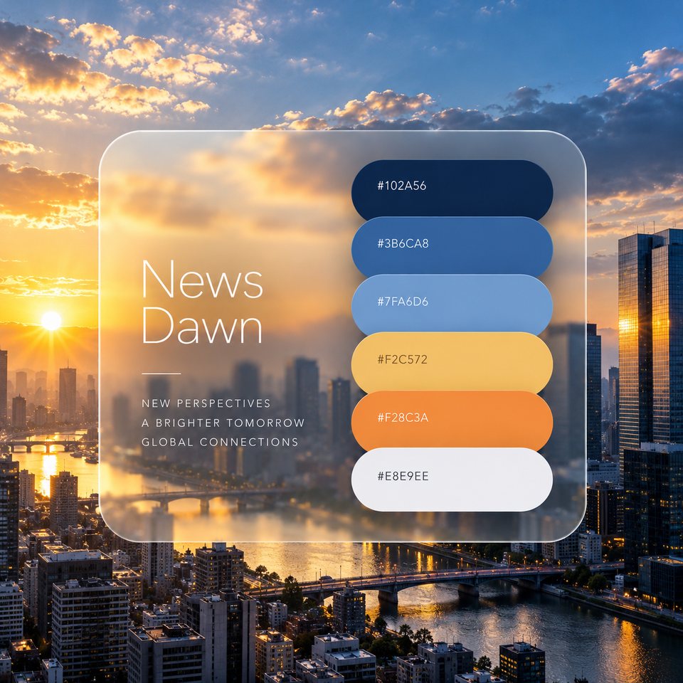 News Dawn color palette: six colors (#102A56, #3B6CA8, #7FA6D6, #F28C3A, #F2C572, #E8E9EE) shown over a photo of a riverside city under the dawn sky.