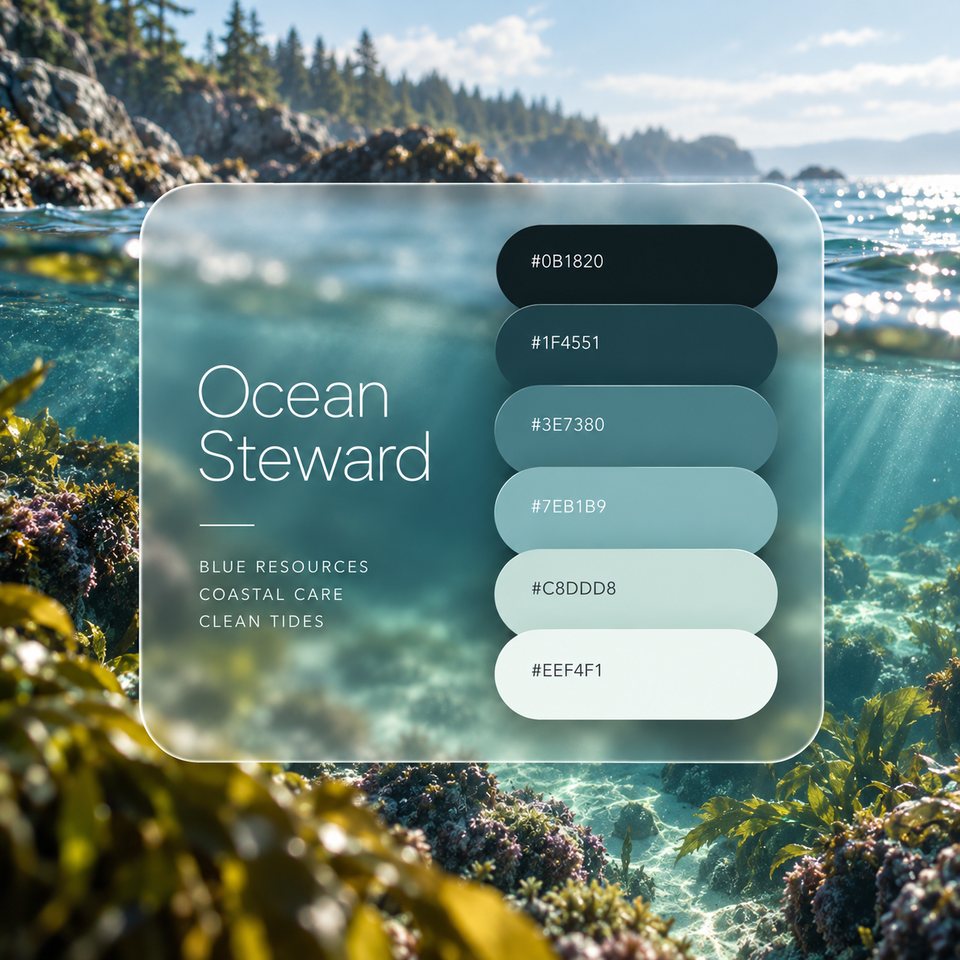 Ocean Steward color palette: six colors (#0B1820, #1F4551, #3E7380, #7EB1B9, #C8DDD8, #EEF4F1) shown over a photo of clear sunlit water over a rocky seabed.