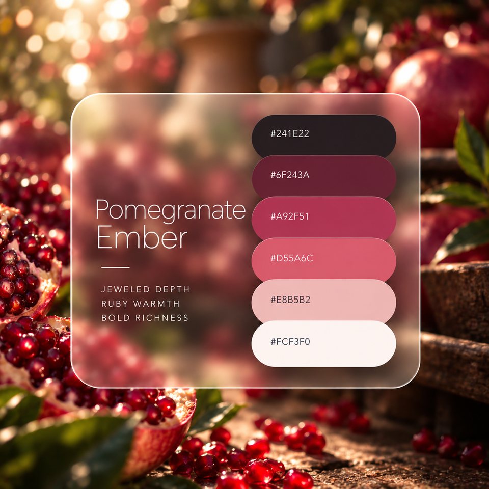 Pomegranate Ember color palette: six colors (#241E22, #6F243A, #A92F51, #D55A6C, #E8B5B2, #FCF3F0) shown over a photo of a split pomegranate with its red seeds spilling out.