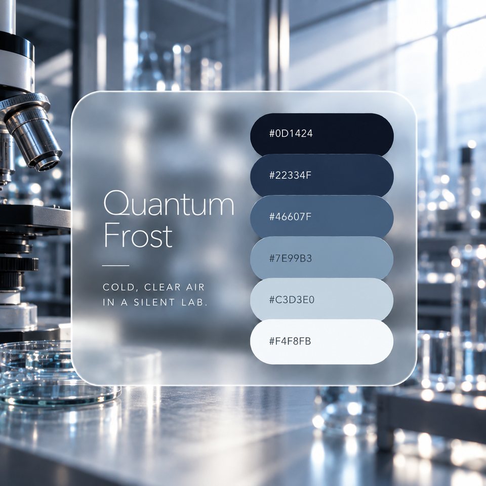 Quantum Frost color palette: six colors (#0D1424, #22334F, #46607F, #7E99B3, #C3D3E0, #F4F8FB) shown over a photo of a cool-lit lab with a microscope and glassware.