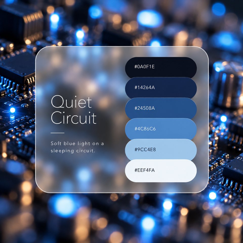 Quiet Circuit color palette: six colors (#0A0F1E, #14264A, #24508A, #4C86C6, #9CC4E8, #EEF4FA) shown over a photo of a circuit board at night with scattered blue lights.
