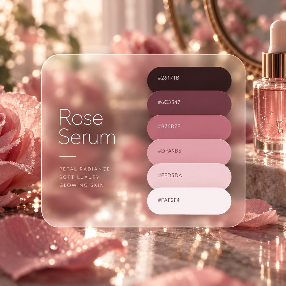 Rose Serum color palette: six colors (#26171B, #6C3547, #B76B7F, #DFA9B5, #EFD5DA, #FAF2F4) shown over a photo of rose petals and a bottle of serum.