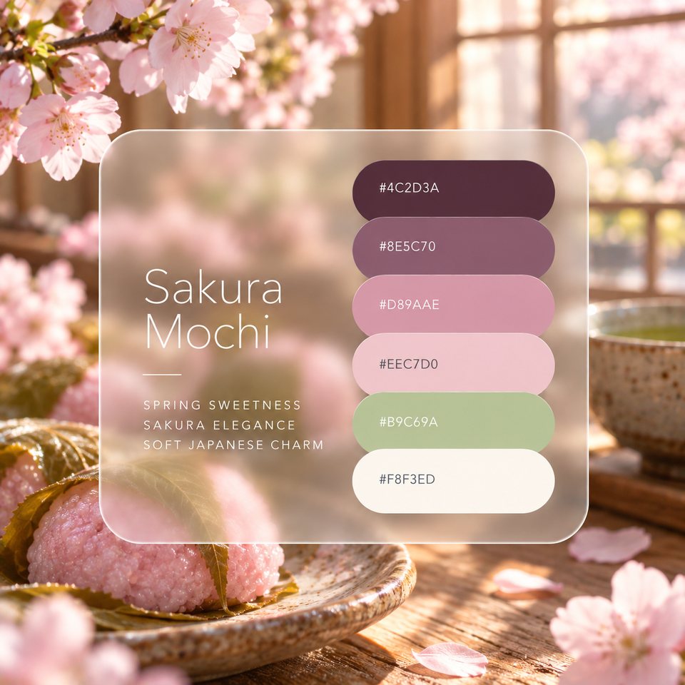 Sakura Mochi color palette: six colors (#4C2D3A, #8E5C70, #D89AAE, #B9C69A, #EEC7D0, #F8F3ED) shown over a photo of cherry blossoms in full bloom and sakura mochi on a wooden plate.