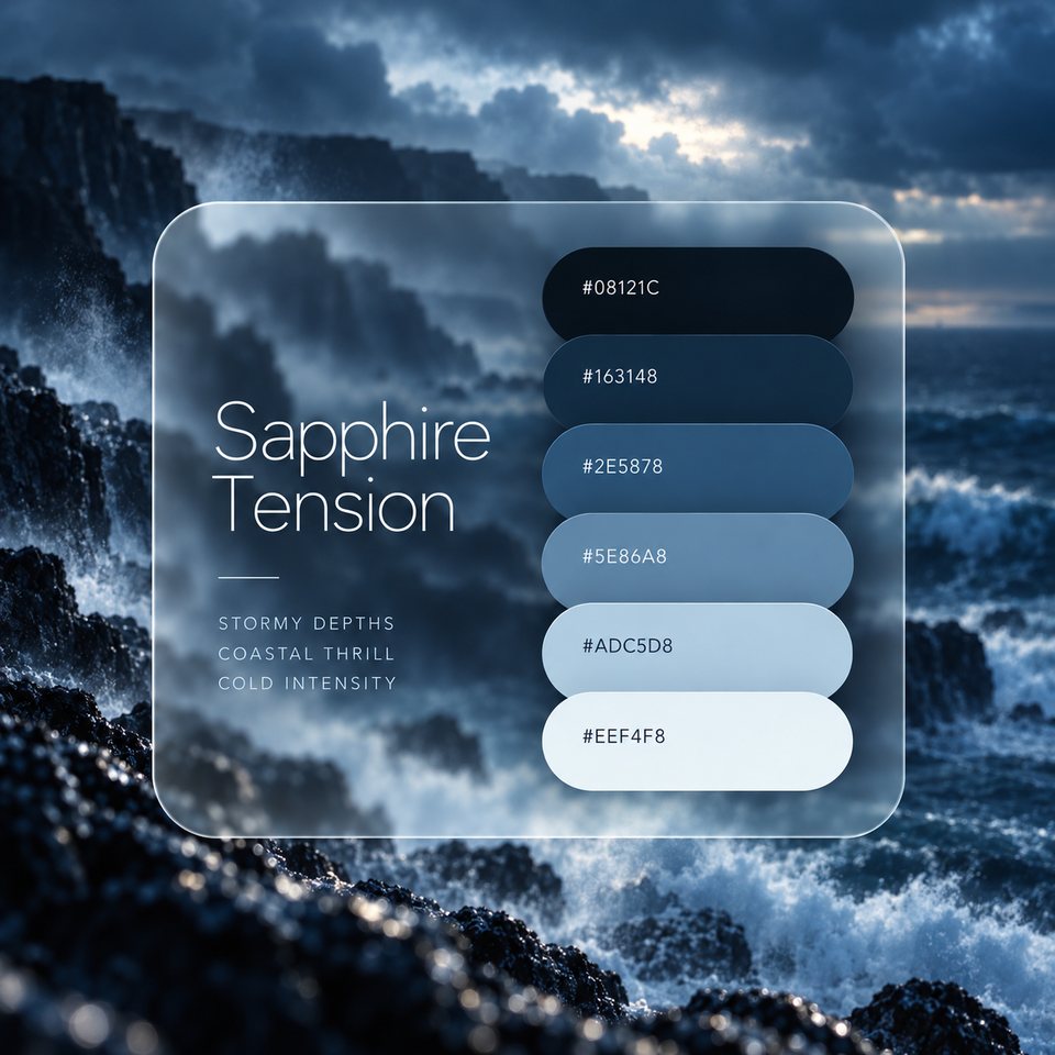 Sapphire Tension color palette: six colors (#08121C, #163148, #2E5878, #5E86A8, #ADC5D8, #EEF4F8) shown over a photo of stormy waves crashing on rocks under low clouds.