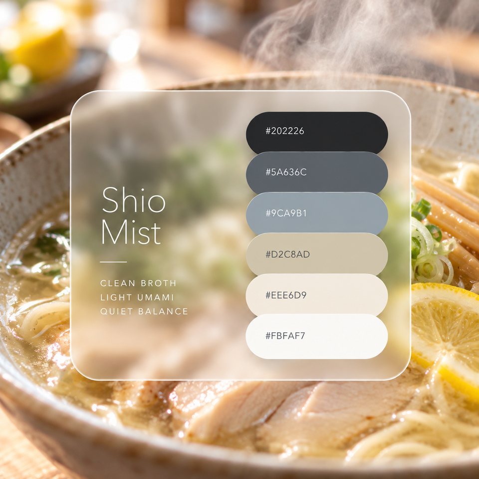 Shio Mist color palette: six colors (#202226, #5A636C, #9CA9B1, #D2C8AD, #EEE6D9, #FBFAF7) shown over a photo of a steaming bowl of shio ramen with sliced chicken and lemon.