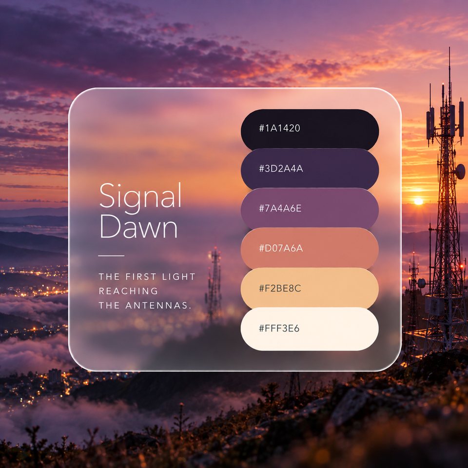 Signal Dawn color palette: six colors (#1A1420, #3D2A4A, #7A4A6E, #D07A6A, #F2BE8C, #FFF3E6) shown over a photo of a dawn sky, a radio tower and city lights below the clouds.