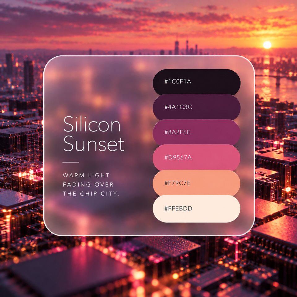 Silicon Sunset color palette: six colors (#1C0F1A, #4A1C3C, #8A2F5E, #D9567A, #F79C7E, #FFEBDD) shown over a photo of semiconductor chips like a city under the sunset.