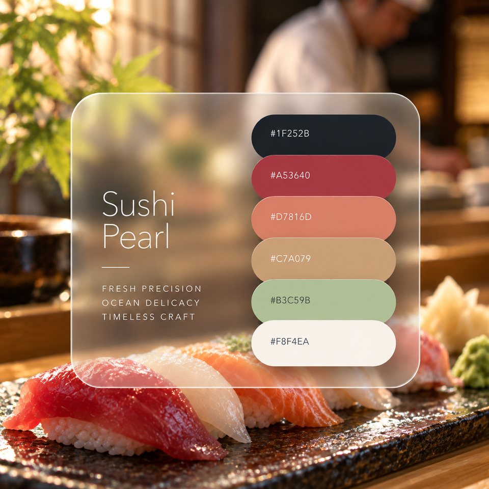 Sushi Pearl color palette: six colors (#1F252B, #A53640, #D7816D, #C7A079, #B3C59B, #F8F4EA) shown over a photo of nigiri sushi on a wooden counter.