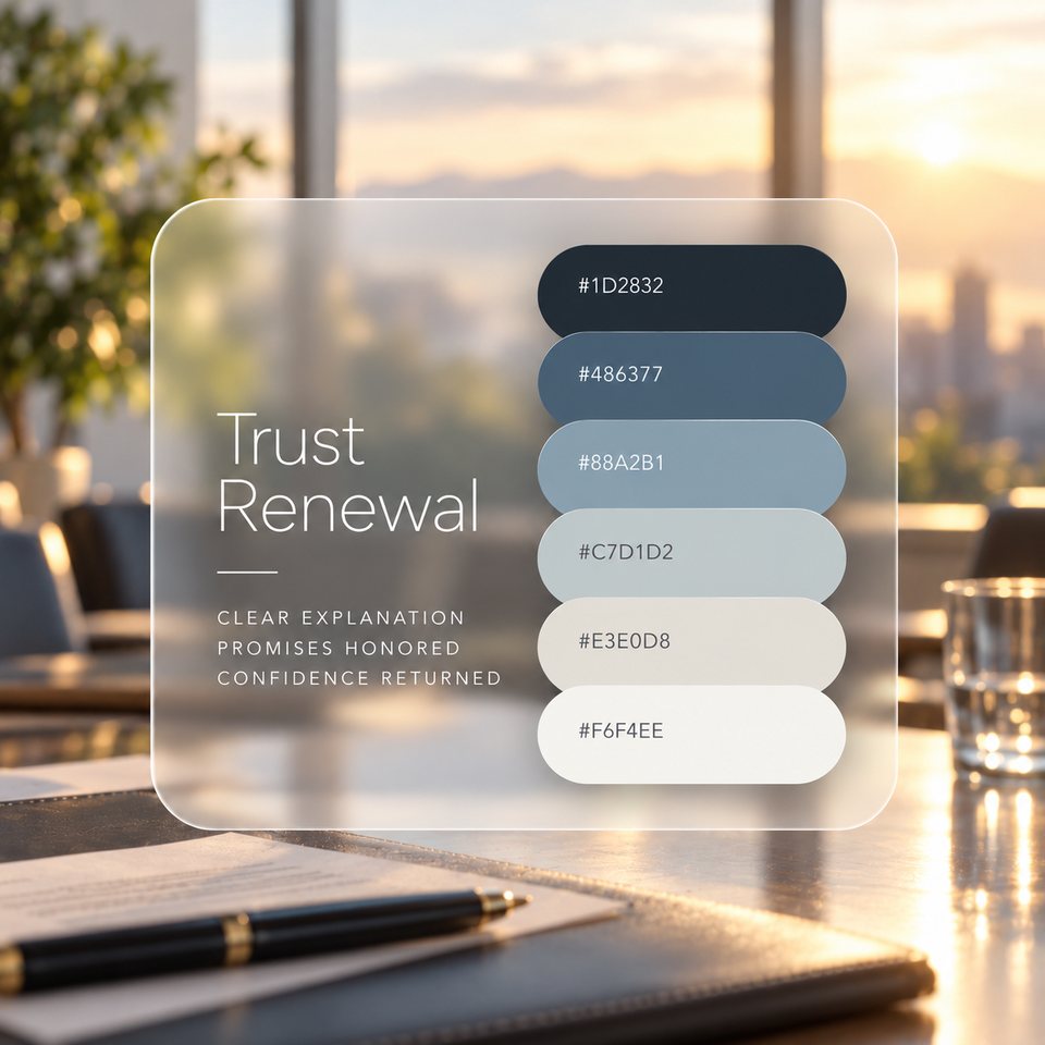 Trust Renewal color palette: six colors (#1D2832, #486377, #88A2B1, #C7D1D2, #E3E0D8, #F6F4EE) shown over a photo of a desk by an evening window with a sealed letter.