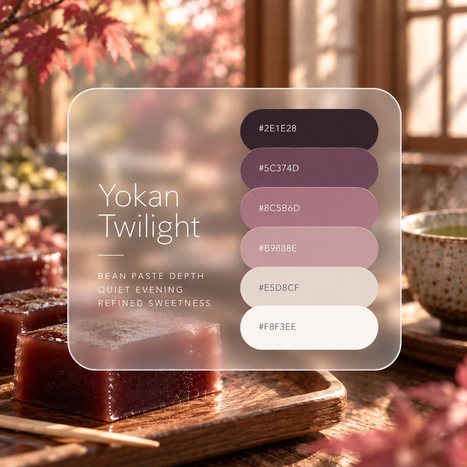 Yokan Twilight color palette: six colors (#2E1E28, #5C374D, #8C5B6D, #B9888E, #E5D8CF, #F8F3EE) shown over a photo of yokan on a wooden plate by a window of autumn leaves.