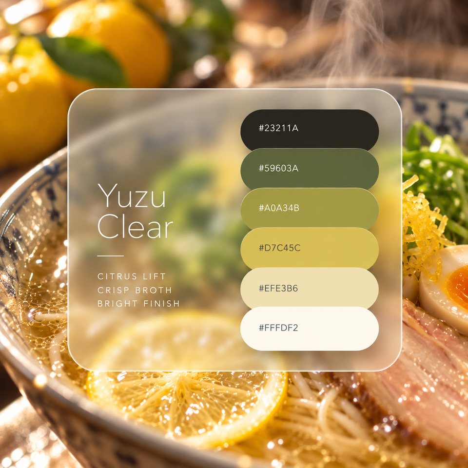 Yuzu Clear color palette: six colors (#23211A, #59603A, #A0A34B, #D7C45C, #EFE3B6, #FFFDF2) shown over a photo of a bowl of clear-broth ramen topped with a round of yuzu.